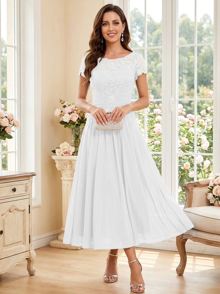A-Line/Princess Scoop Short Sleeves Tea-Length Mother of the Bride Dresses with Applique &amp; Ruched