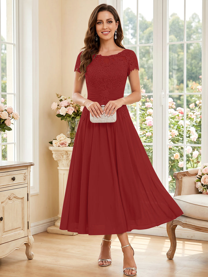 A-Line/Princess Scoop Short Sleeves Tea-Length Mother of the Bride Dresses with Applique &amp; Ruched