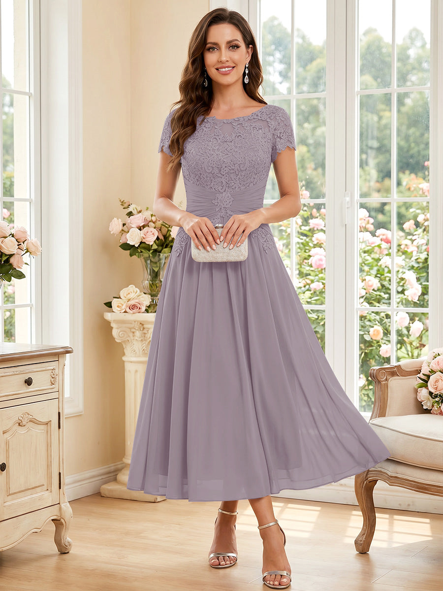 A-Line/Princess Scoop Short Sleeves Tea-Length Mother of the Bride Dresses with Applique &amp; Ruched