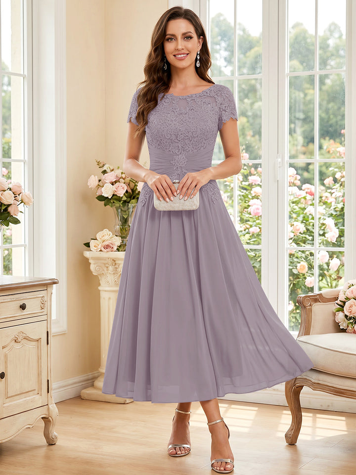 A-Line/Princess Scoop Short Sleeves Tea-Length Mother of the Bride Dresses with Applique &amp; Ruched