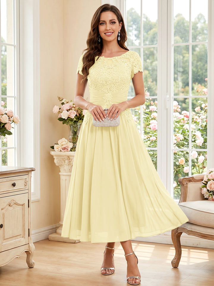 A-Line/Princess Scoop Short Sleeves Tea-Length Mother of the Bride Dresses with Applique &amp; Ruched