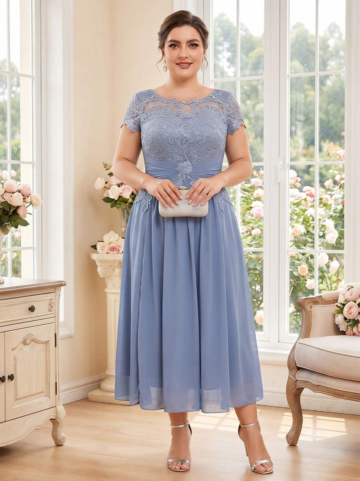 A-Line/Princess Scoop Short Sleeves Tea-Length Plus Size Mother of the Bride Dresses with Applique &amp; Ruched