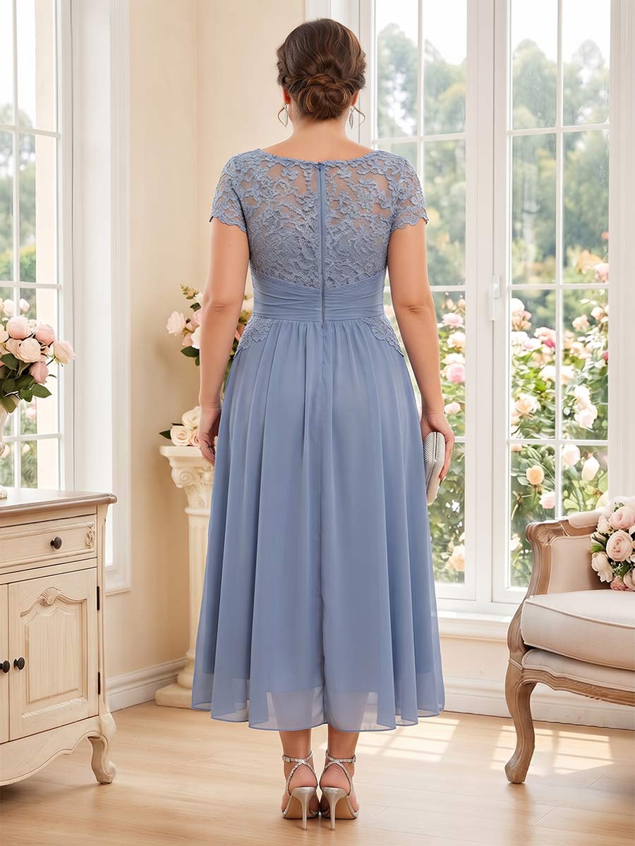 A-Line/Princess Scoop Short Sleeves Tea-Length Plus Size Mother of the Bride Dresses with Applique &amp; Ruched