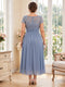 A-Line/Princess Scoop Short Sleeves Tea-Length Plus Size Mother of the Bride Dresses with Applique & Ruched