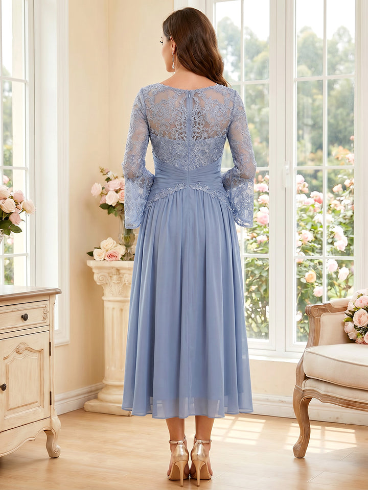 A-Line/Princess Scoop Long Sleeves Tea-Length Mother of the Bride Dresses with Applique &amp; Ruched