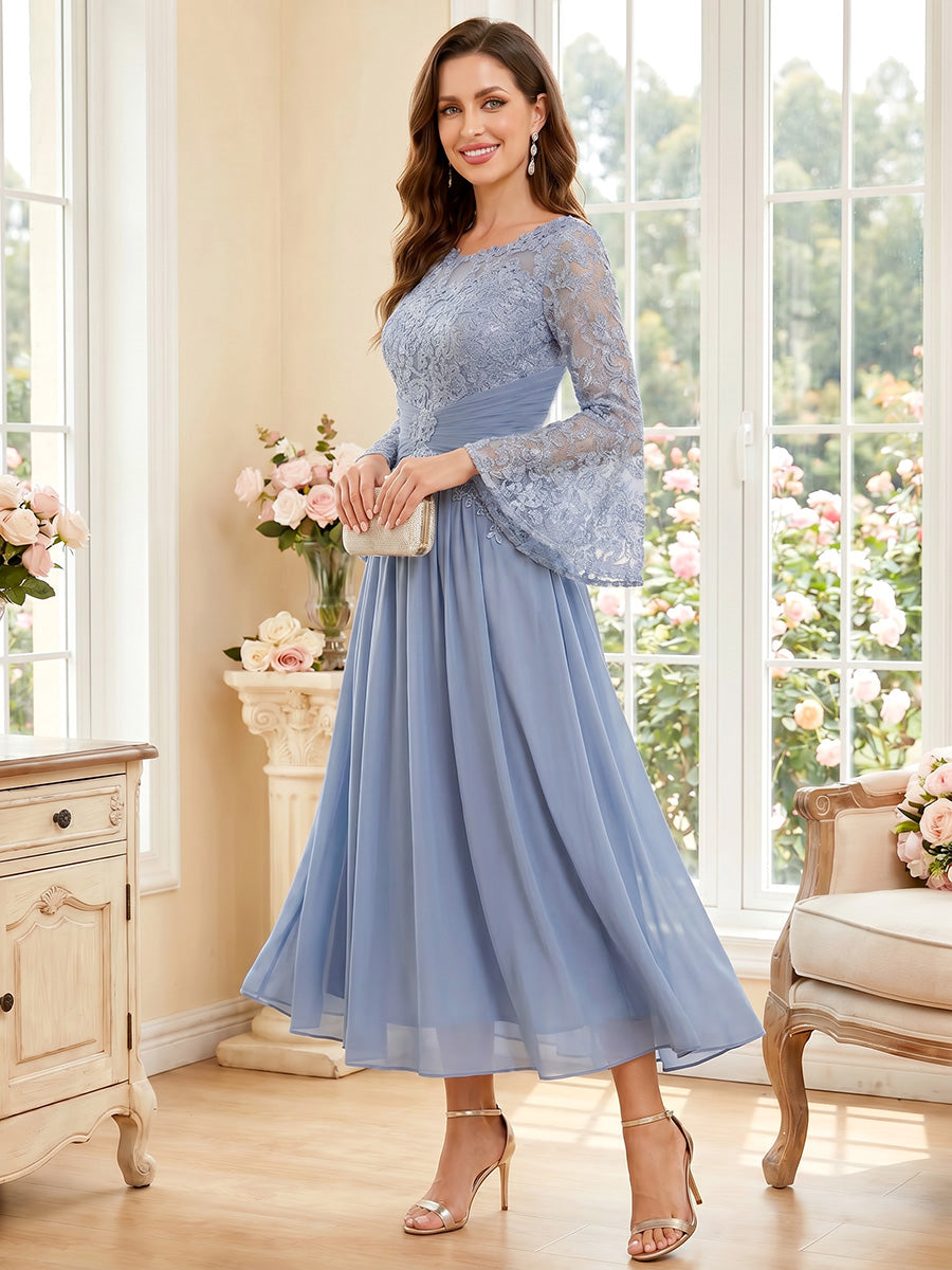 A-Line/Princess Scoop Long Sleeves Tea-Length Mother of the Bride Dresses with Applique &amp; Ruched