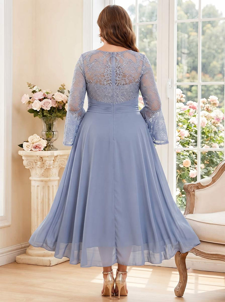 A-Line/Princess Scoop Long Sleeves Tea-Length Plus Size Mother of the Bride Dresses with Applique &amp; Ruched