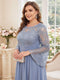 A-Line/Princess Scoop Long Sleeves Tea-Length Plus Size Mother of the Bride Dresses with Applique & Ruched