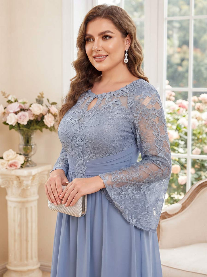 A-Line/Princess Scoop Long Sleeves Tea-Length Plus Size Mother of the Bride Dresses with Applique &amp; Ruched