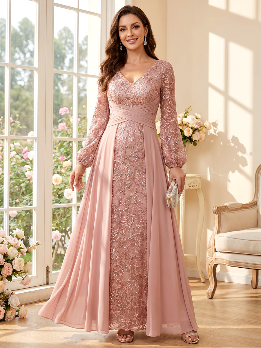 A-Line/Princess V-Neck Long Sleeves Floor-Length Mother of the Bride Dresses with Ruched