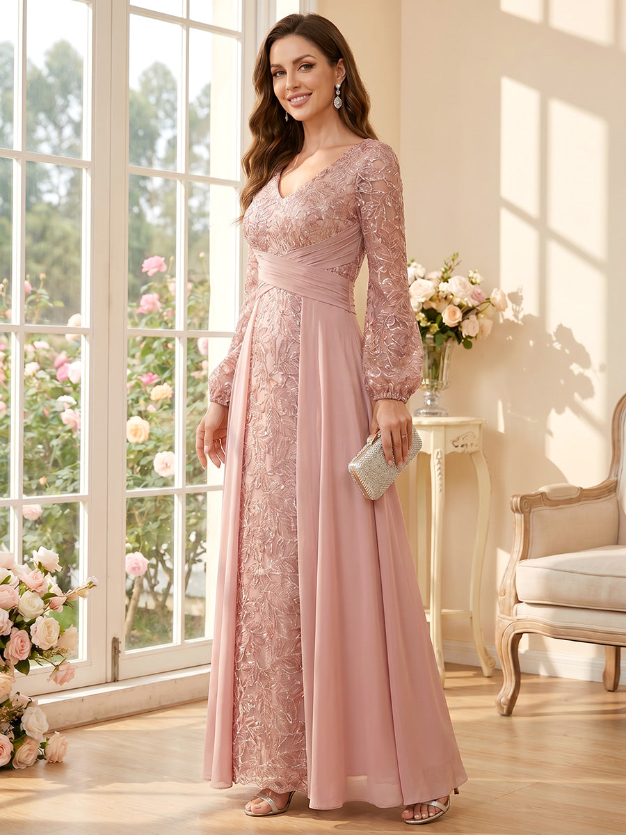 A-Line/Princess V-Neck Long Sleeves Floor-Length Mother of the Bride Dresses with Ruched