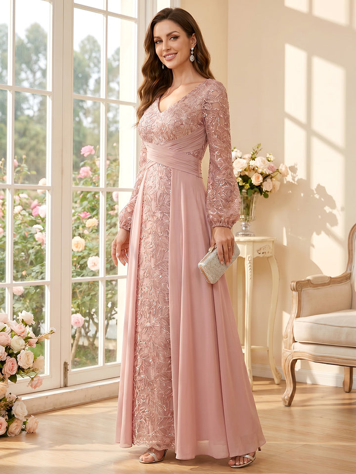 A-Line/Princess V-Neck Long Sleeves Floor-Length Mother of the Bride Dresses with Ruched