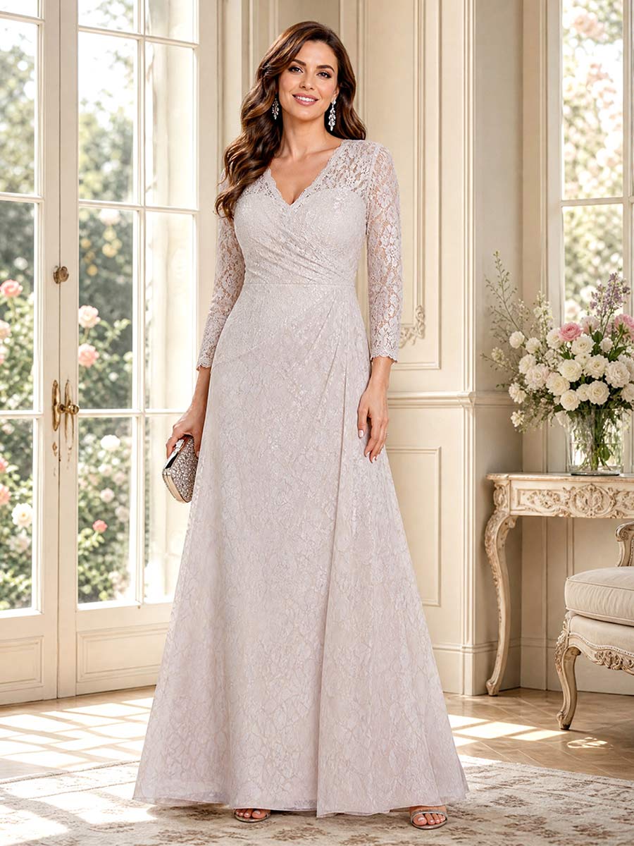 A-Line/Princess V-Neck Long Sleeves Floor-Length Mother of the Bride Dresses with Ruched &amp; Lace