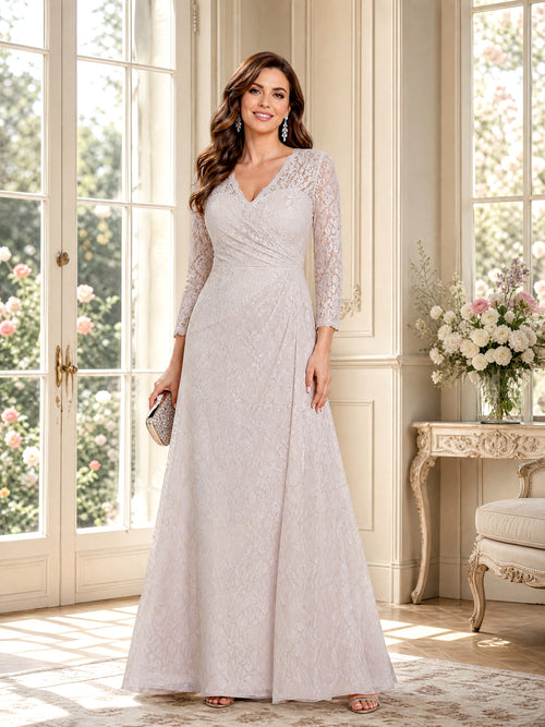 A-Line/Princess V-Neck Long Sleeves Floor-Length Mother of the Bride Dresses with Ruched & Lace