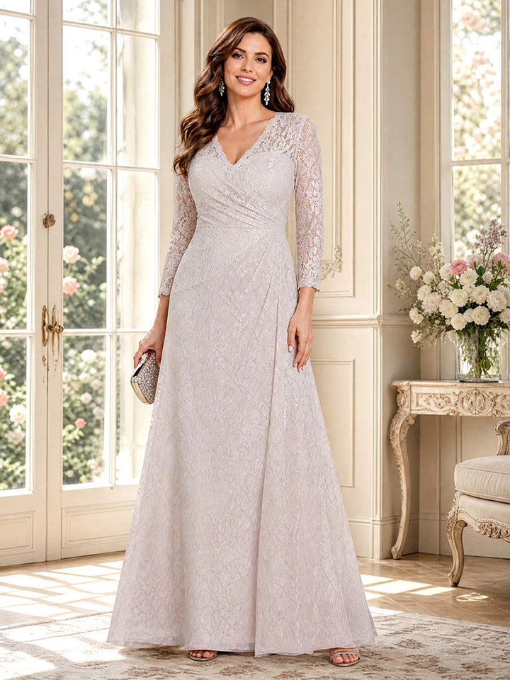 A-Line/Princess V-Neck Long Sleeves Floor-Length Mother of the Bride Dresses with Ruched &amp; Lace