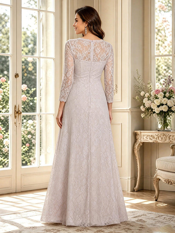 A-Line/Princess V-Neck Long Sleeves Floor-Length Mother of the Bride Dresses with Ruched & Lace