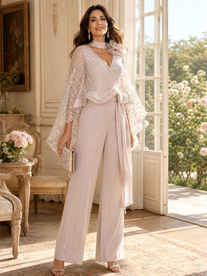 Jumpsuit V Neck Flutter Sleeves Floor-Length Mother of the Bride Dresses with Lace & 3D Floral