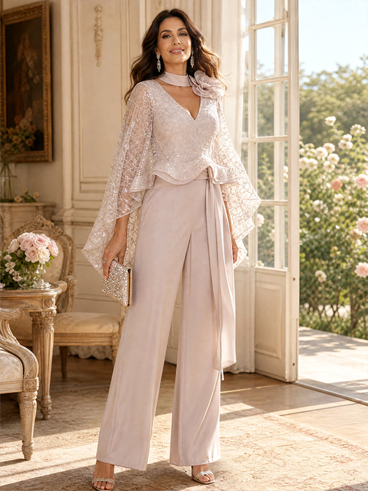 Jumpsuit V Neck Flutter Sleeves Floor-Length Mother of the Bride Dresses with Lace &amp; 3D Floral