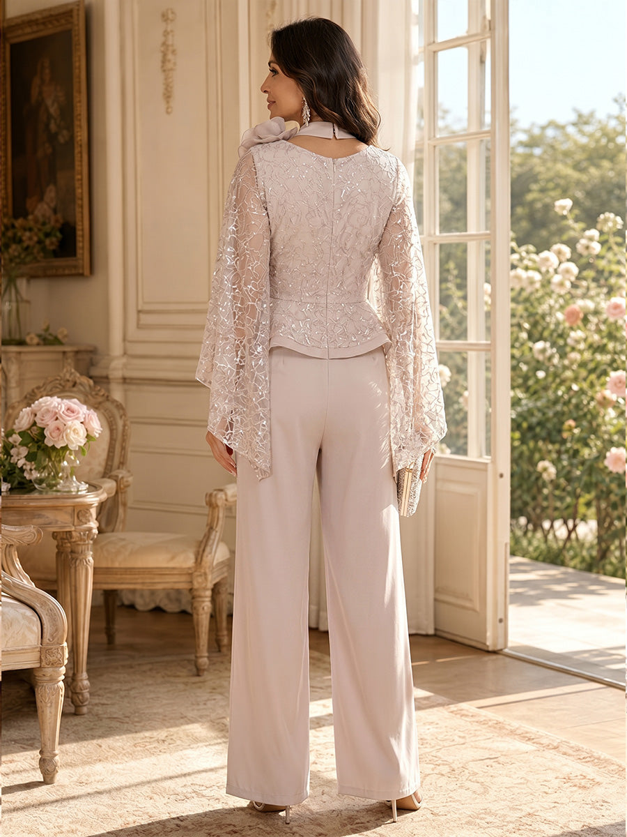Jumpsuit V Neck Flutter Sleeves Floor-Length Mother of the Bride Dresses with Lace &amp; 3D Floral