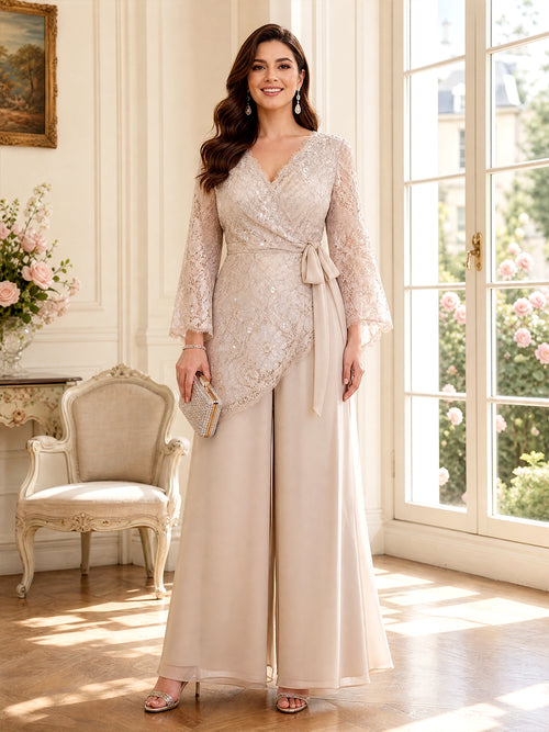 Jumpsuit V Neck Long Sleeves Floor-Length Mother of the Bride Dresses with Lace & Bowknot