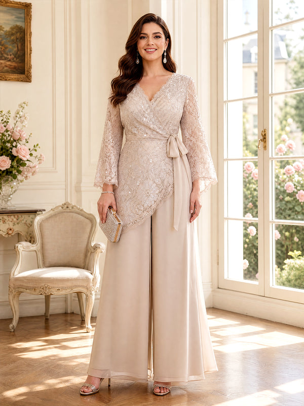 Jumpsuit V Neck Long Sleeves Floor-Length Mother of the Bride Dresses with Lace & Bowknot