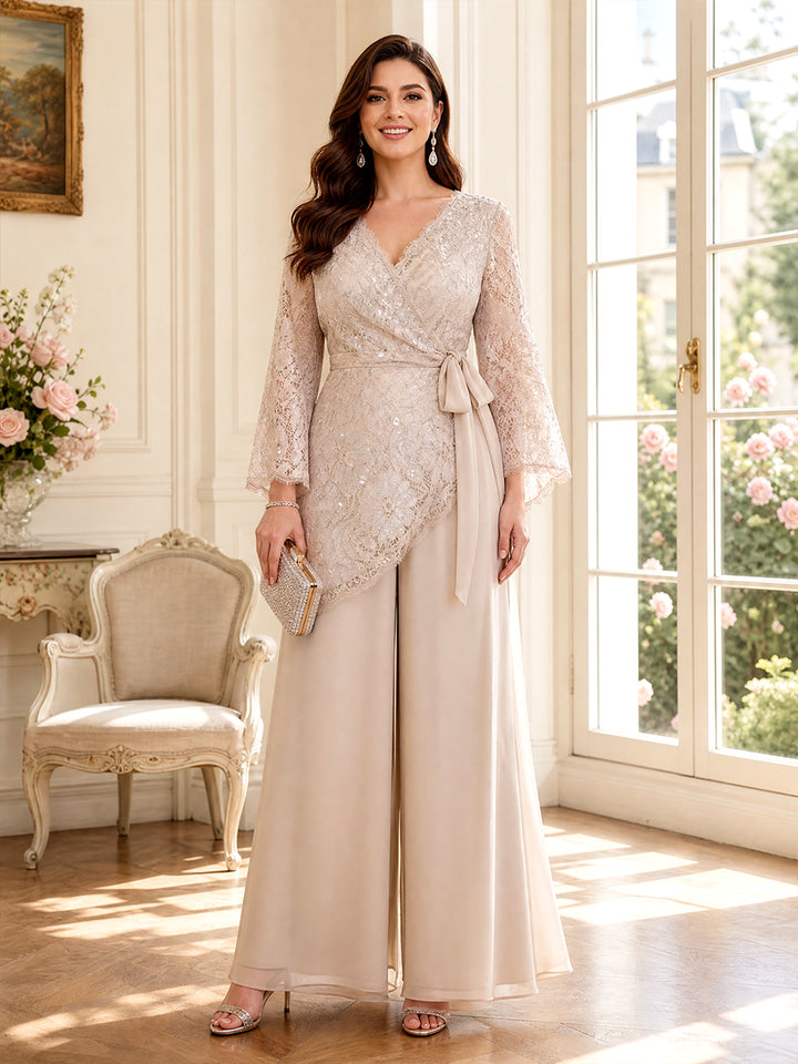 Jumpsuit V Neck Long Sleeves Floor-Length Mother of the Bride Dresses with Lace &amp; Bowknot