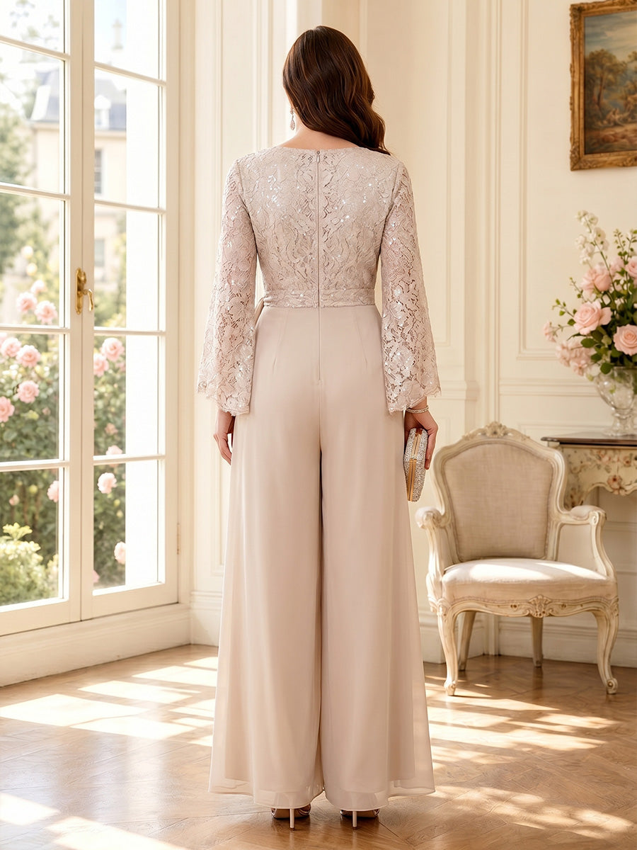 Jumpsuit V Neck Long Sleeves Floor-Length Mother of the Bride Dresses with Lace &amp; Bowknot