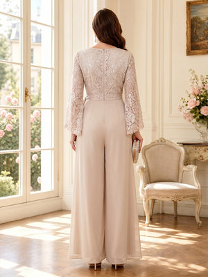 Jumpsuit V Neck Long Sleeves Floor-Length Mother of the Bride Dresses with Lace & Bowknot