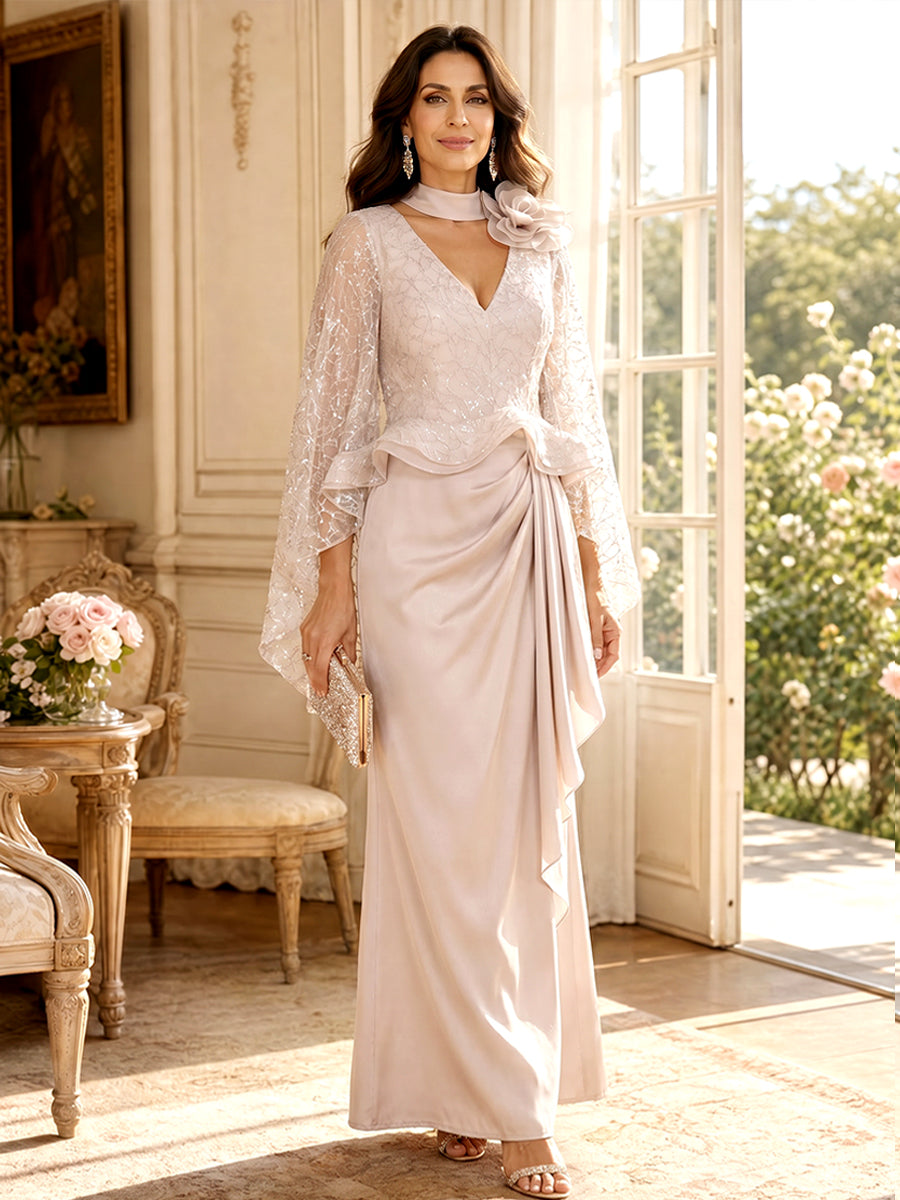 Sheath/Column V-Neck Flutter Sleeves Floor-Length Mother of the Bride Dresses with Lace &amp; Ruffles