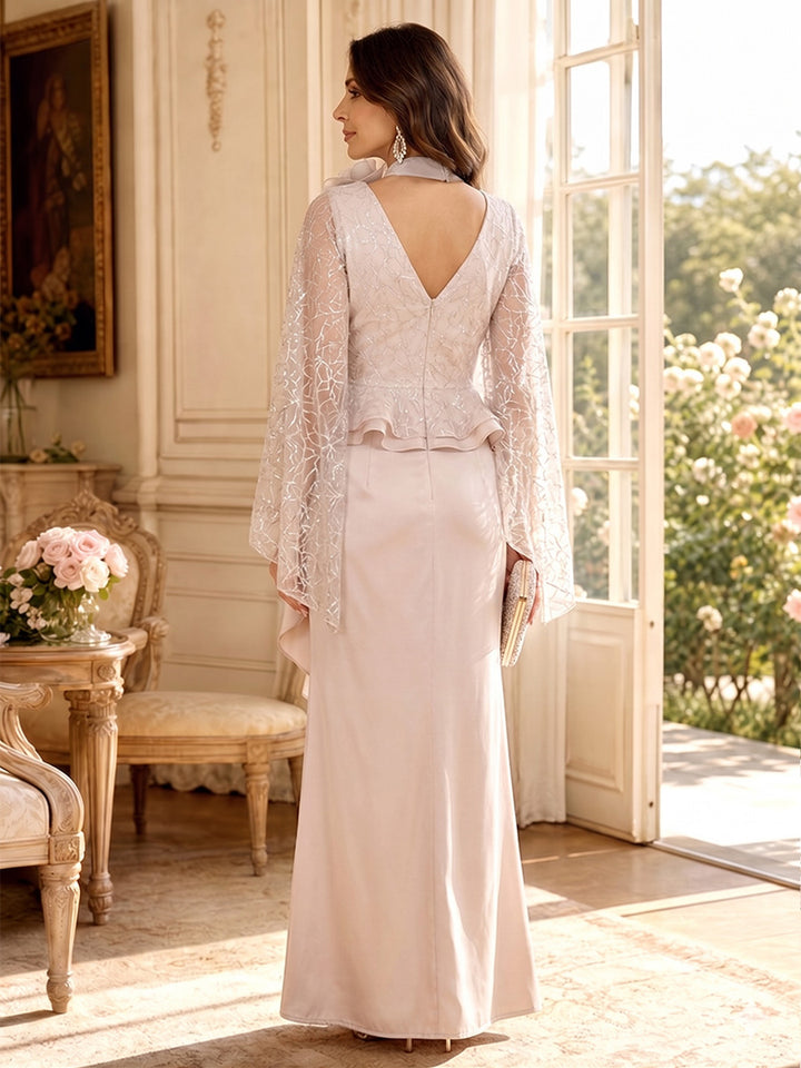 Sheath/Column V-Neck Flutter Sleeves Floor-Length Mother of the Bride Dresses with Lace &amp; Ruffles