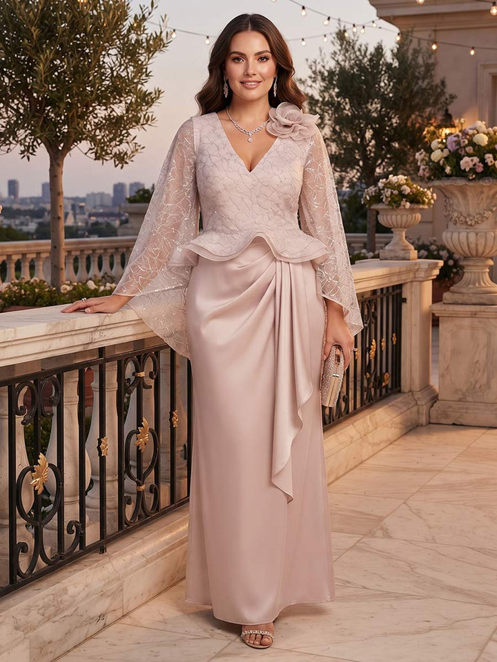 Sheath/Column V-Neck Flutter Sleeves Floor-Length Plus Size Evening Dresses with Lace &amp; Ruffles