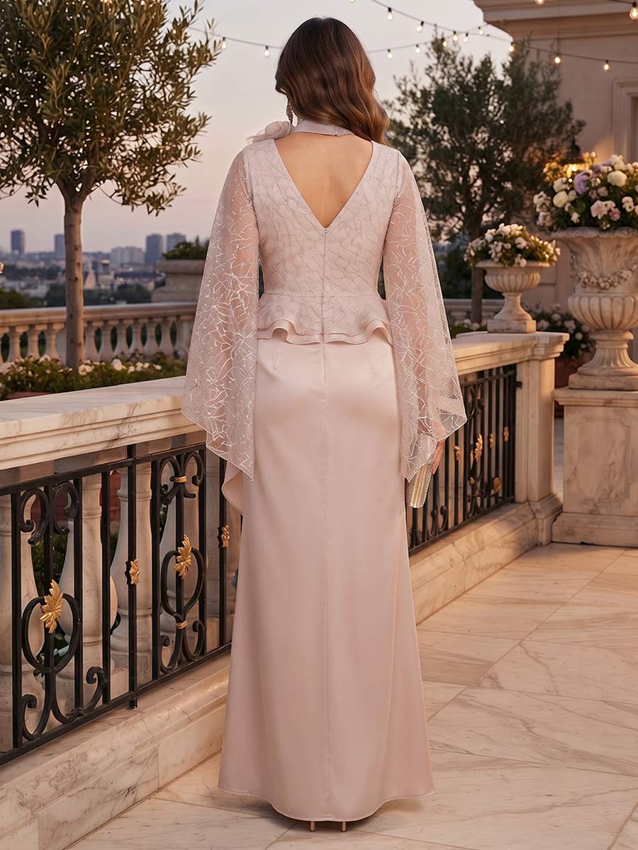 Sheath/Column V-Neck Flutter Sleeves Floor-Length Plus Size Evening Dresses with Lace &amp; Ruffles