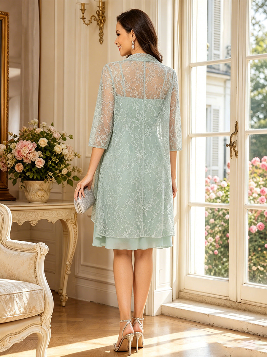 A-Line/Princess Square Neck 3/4 Sleeves Knee-Length Mother of the Bride Dresses with Jacket &amp; Ruffles