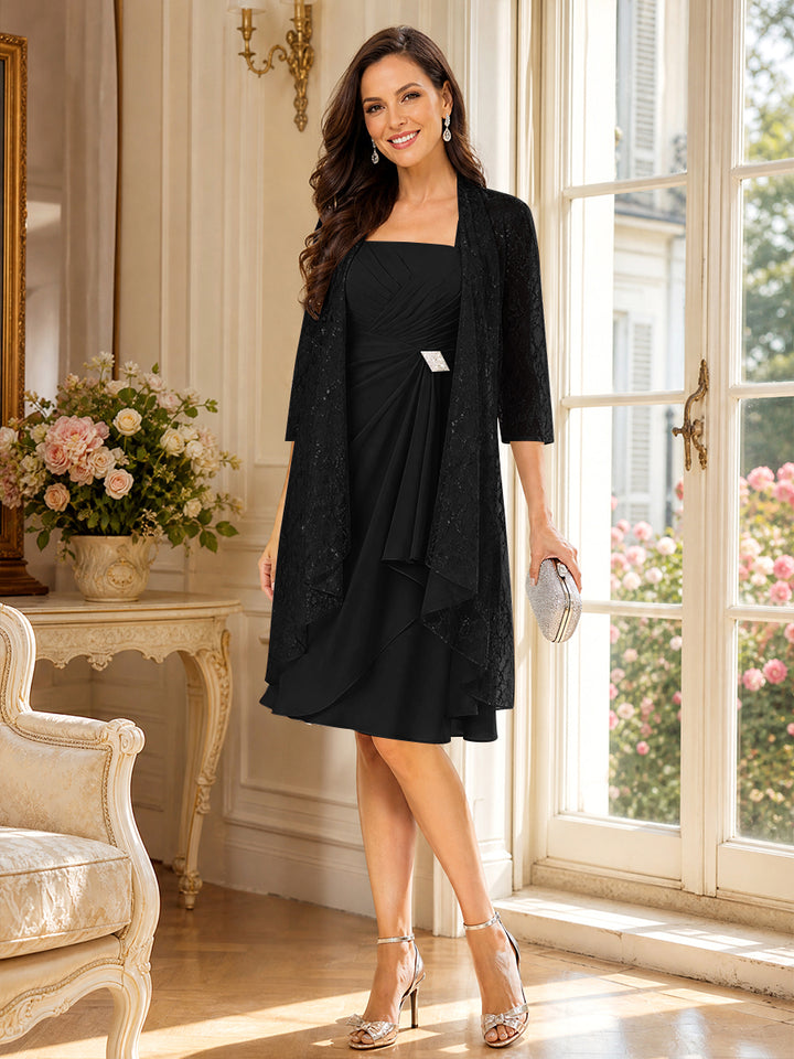 A-Line/Princess Square Neck 3/4 Sleeves Knee-Length Mother of the Bride Dresses with Jacket &amp; Ruffles