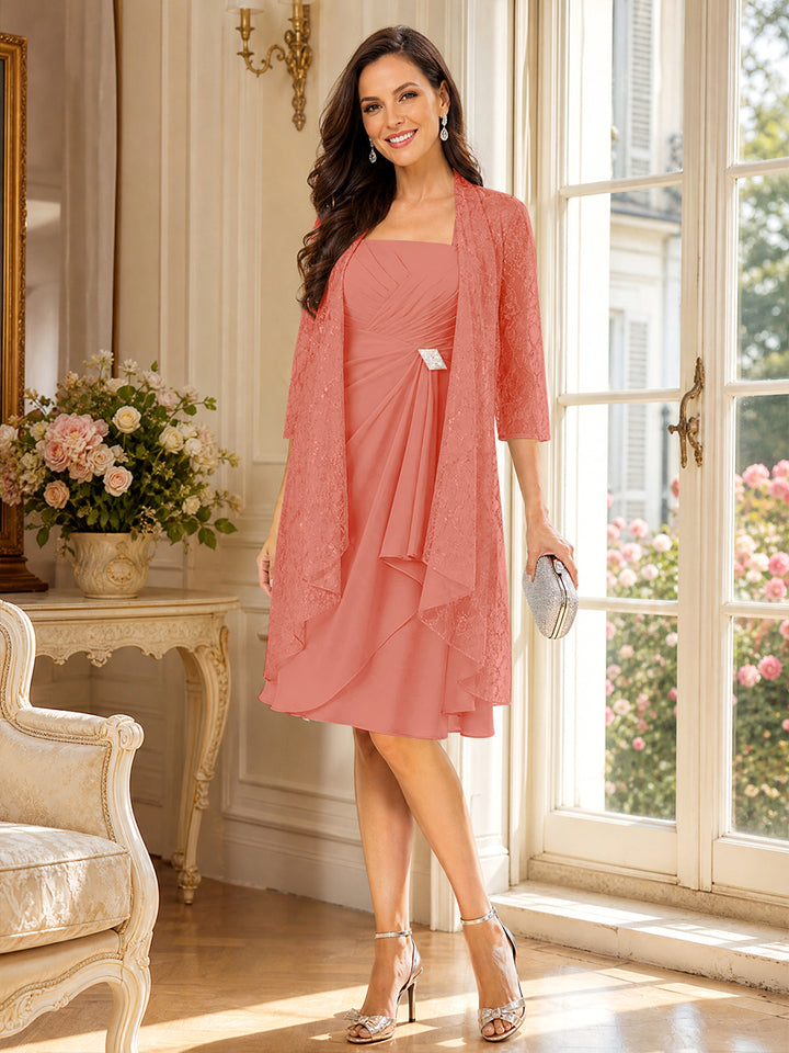 A-Line/Princess Square Neck 3/4 Sleeves Knee-Length Mother of the Bride Dresses with Jacket &amp; Ruffles