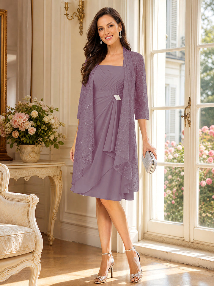 A-Line/Princess Square Neck 3/4 Sleeves Knee-Length Mother of the Bride Dresses with Jacket &amp; Ruffles