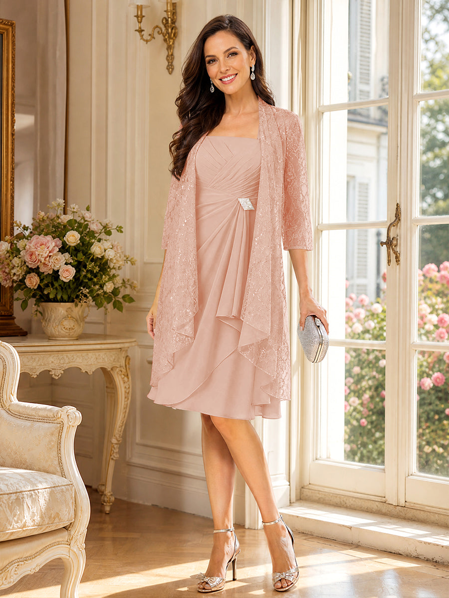 A-Line/Princess Square Neck 3/4 Sleeves Knee-Length Mother of the Bride Dresses with Jacket &amp; Ruffles
