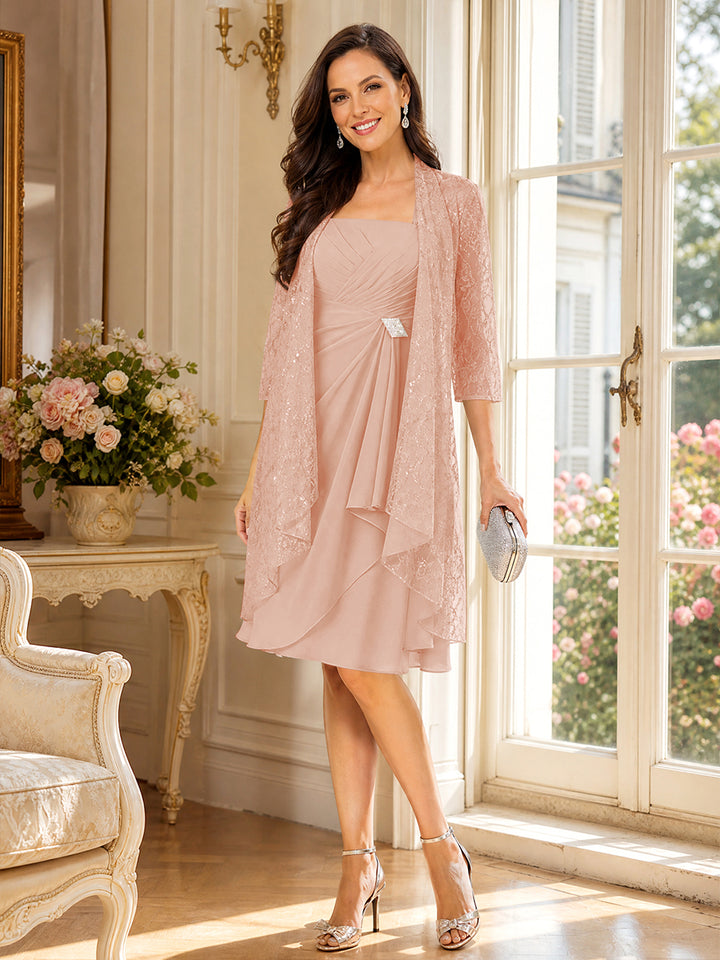 A-Line/Princess Square Neck 3/4 Sleeves Knee-Length Mother of the Bride Dresses with Jacket &amp; Ruffles
