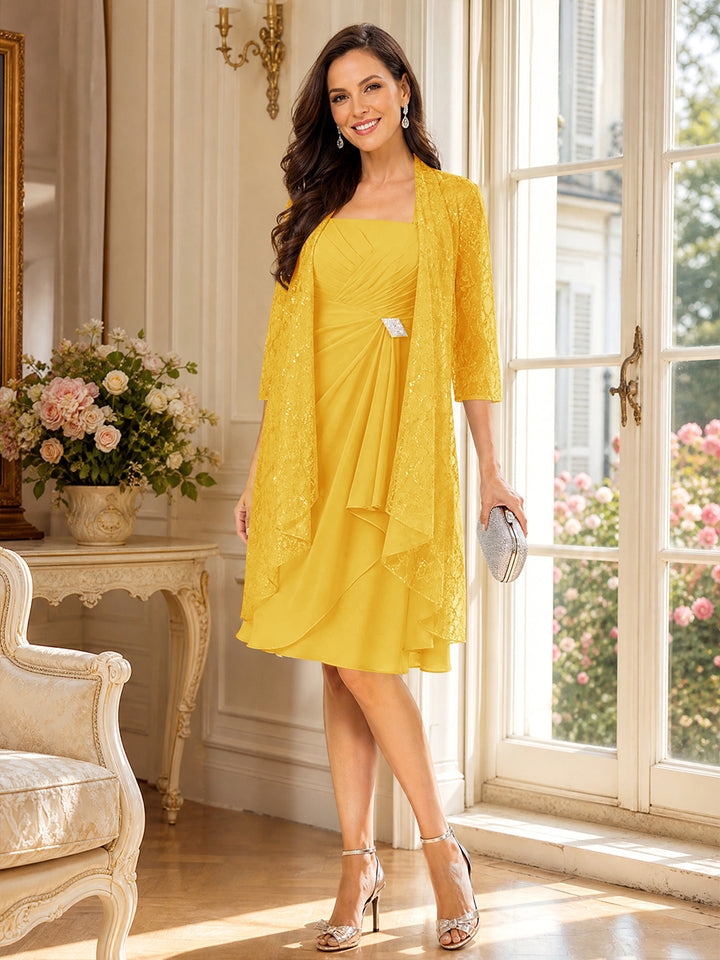 A-Line/Princess Square Neck 3/4 Sleeves Knee-Length Mother of the Bride Dresses with Jacket &amp; Ruffles