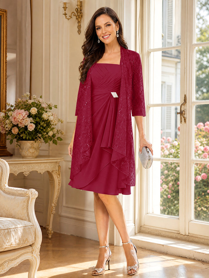A-Line/Princess Square Neck 3/4 Sleeves Knee-Length Mother of the Bride Dresses with Jacket &amp; Ruffles
