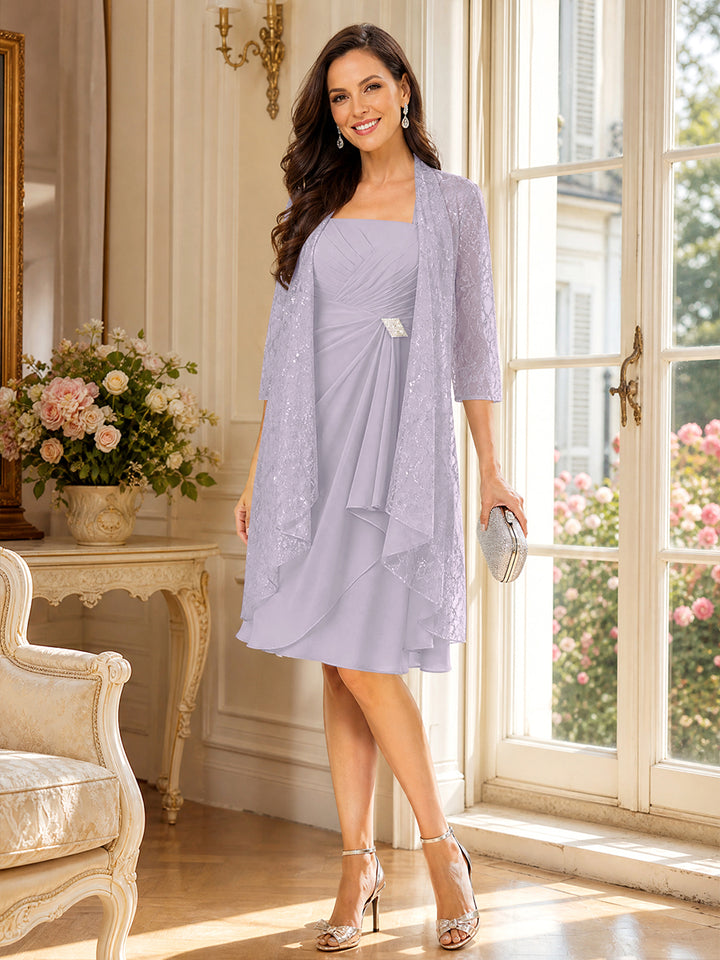 A-Line/Princess Square Neck 3/4 Sleeves Knee-Length Mother of the Bride Dresses with Jacket &amp; Ruffles