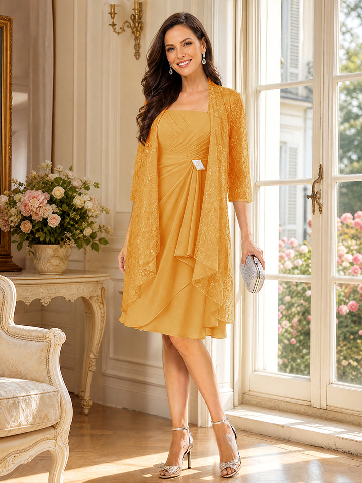 A-Line/Princess Square Neck 3/4 Sleeves Knee-Length Mother of the Bride Dresses with Jacket &amp; Ruffles