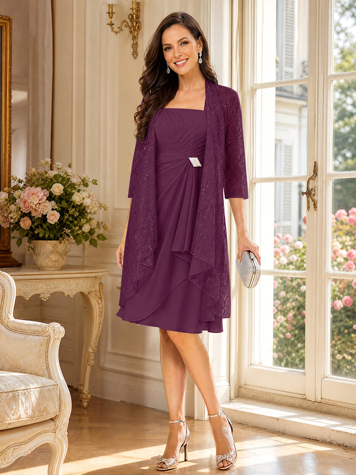 A-Line/Princess Square Neck 3/4 Sleeves Knee-Length Mother of the Bride Dresses with Jacket &amp; Ruffles