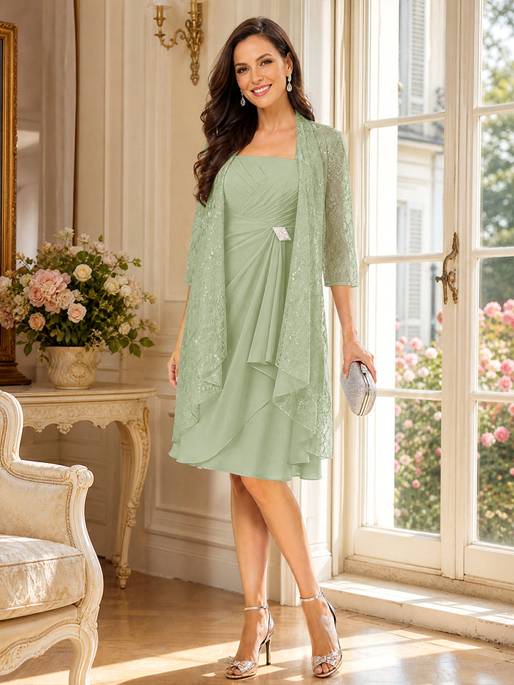 A-Line/Princess Square Neck 3/4 Sleeves Knee-Length Mother of the Bride Dresses with Jacket &amp; Ruffles