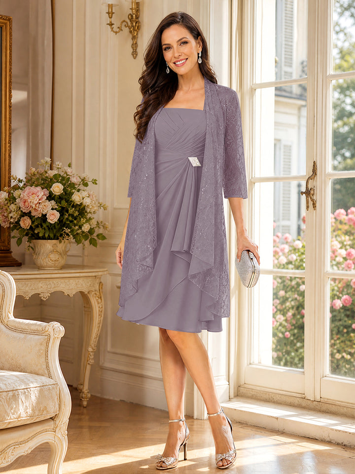 A-Line/Princess Square Neck 3/4 Sleeves Knee-Length Mother of the Bride Dresses with Jacket &amp; Ruffles