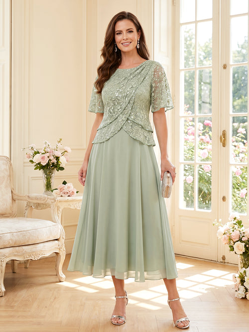 A-Line/Princess Scoop Half Sleeves Tea-Length Mother of the Bride Dresses with Lace & Ruffles