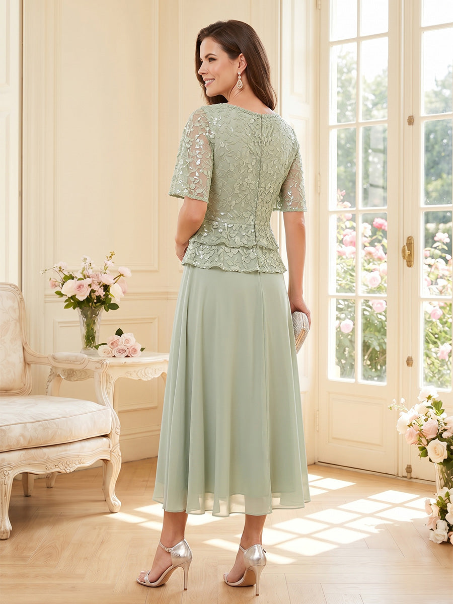 A-Line/Princess Scoop Half Sleeves Tea-Length Mother of the Bride Dresses with Lace &amp; Ruffles