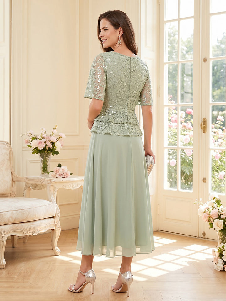 A-Line/Princess Scoop Half Sleeves Tea-Length Mother of the Bride Dresses with Lace &amp; Ruffles