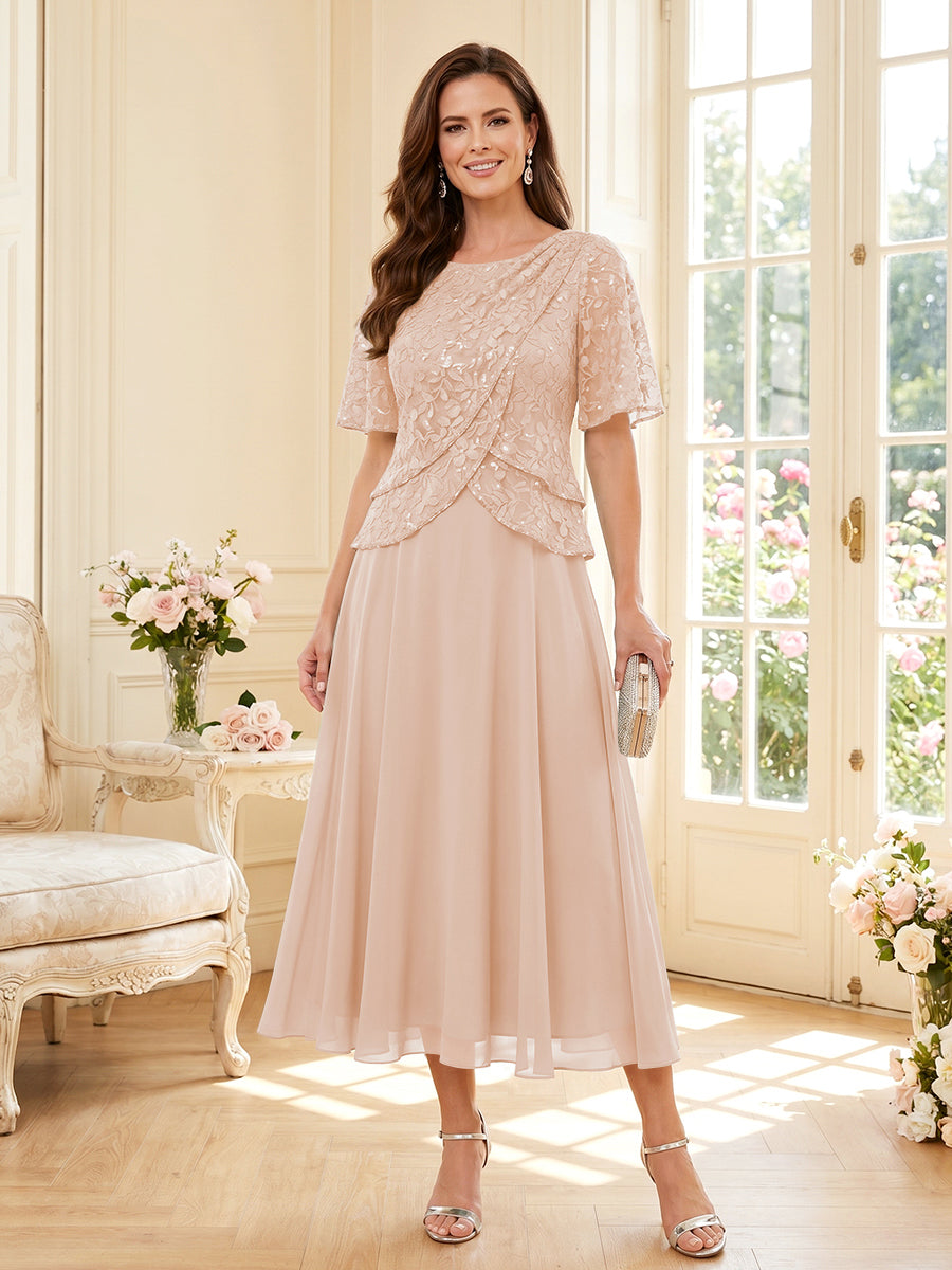 A-Line/Princess Scoop Half Sleeves Tea-Length Mother of the Bride Dresses with Lace &amp; Ruffles