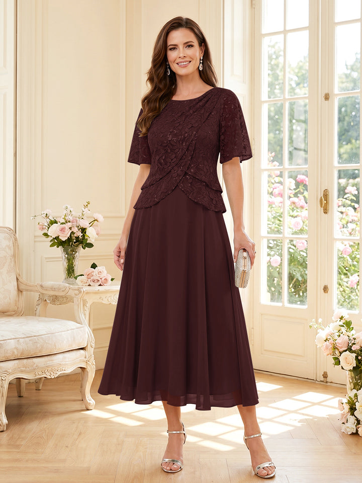 A-Line/Princess Scoop Half Sleeves Tea-Length Mother of the Bride Dresses with Lace &amp; Ruffles
